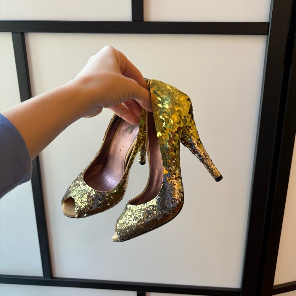 Miu Miu Gold Sequin Peep-Toe Heels - Picture 2 of 7